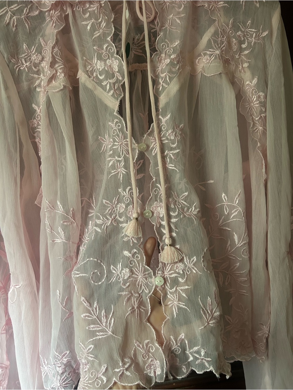 Free People Dreamer Girl Embroidered Blouse Sheer Lace Boho Flowy Baby Pink - Picture 5 of 8